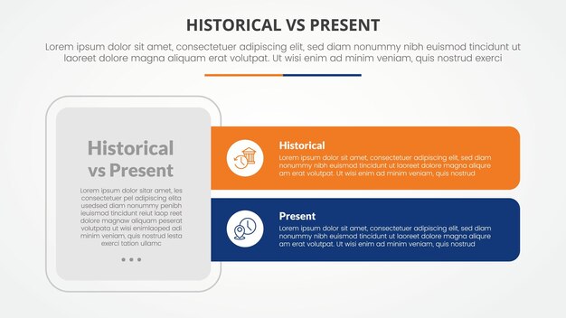 historical vs present versus comparison opposite infographic concept for slide presentation with big box and long rectangle shape with flat style