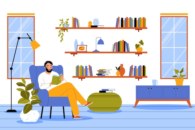 Hobby flat concept with man reading book indoors vector illustration