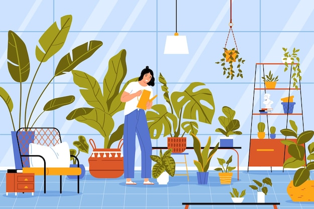 Free vector hobby flat concept with woman watering house plants vector illustration