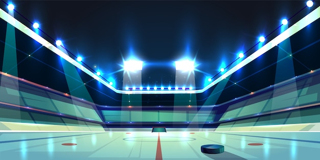 Free Vector  hockey arena, ice rink with black rubber puck. sports stadium with spotlights