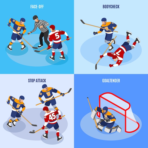 Free Vector hockey concept 4 isometric compositions with defense players stopping forward attack face off and goaltender 