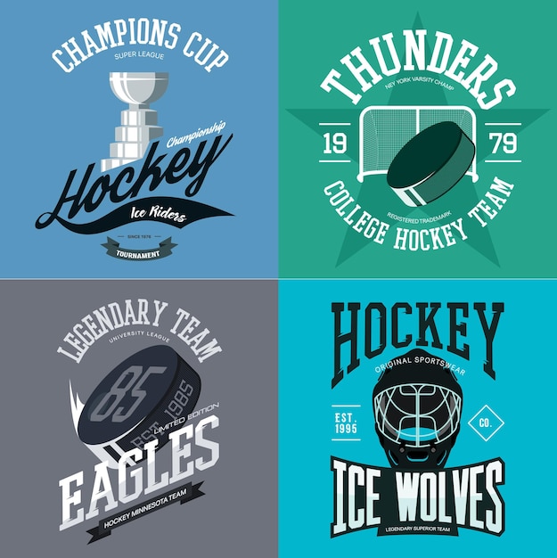 Free vector hockey logo set with puck and crest stick and trophy cup