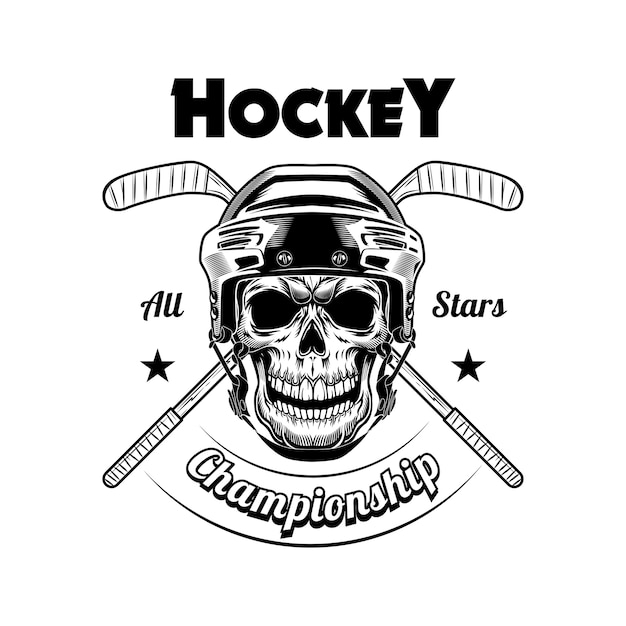 Free Vector hockey player skull vector illustration. head pf skeleton in helmet, crossed sticks, championship text. sport or fan community concept for emblems and labels templates