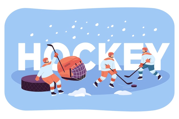 Hockey players in uniform practicing with sticks and puck on ice rink. Male people doing winter sport on background of word hockey flat vector illustration. Free time activity concept for wallpaper