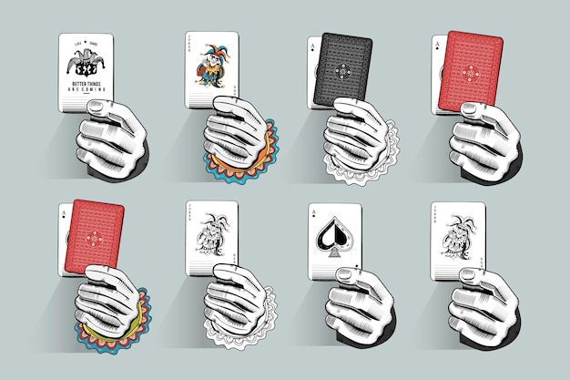 Holding playing cards illustration set