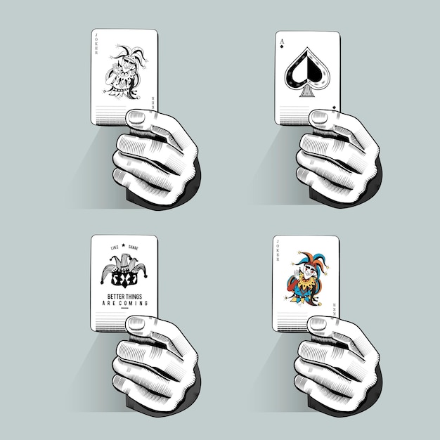 Holding playing cards vector illustration set