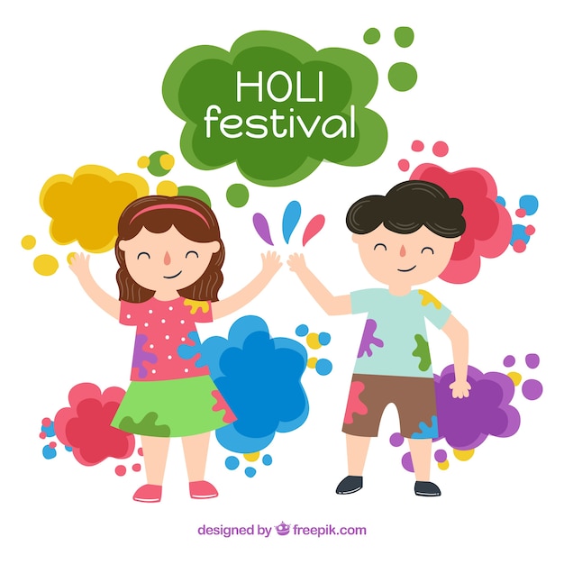 Free Vector holi design with two kids