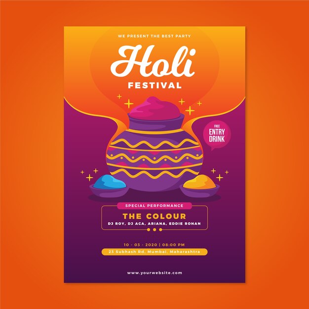 Holi festival poster template in flat design