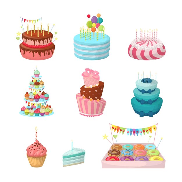 Holiday cakes set Sweet and colorful sweets on white background