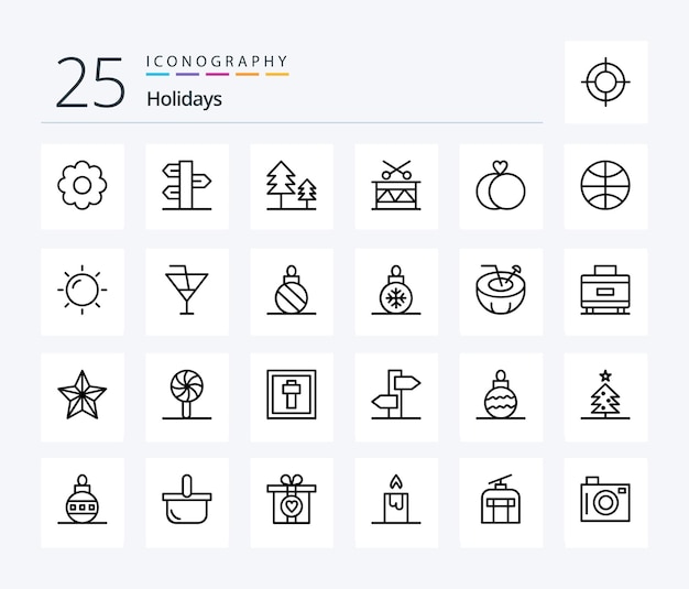 Holidays 25 Line icon pack including wedding marriage cypress holiday drum