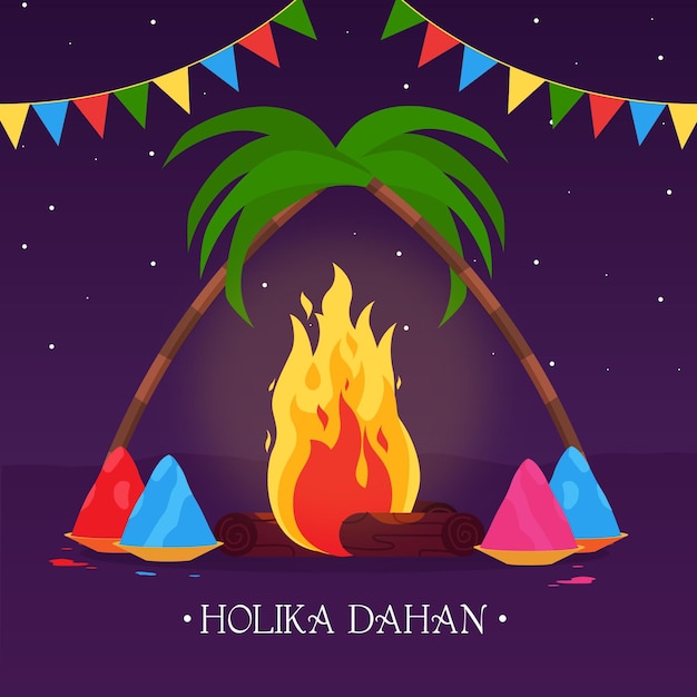 Free Vector holika dahan illustration with campfire and garlands