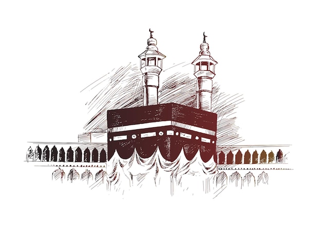 Holy Kaaba in Mecca Saudi Arabia Hand Drawn Sketch Vector illustration