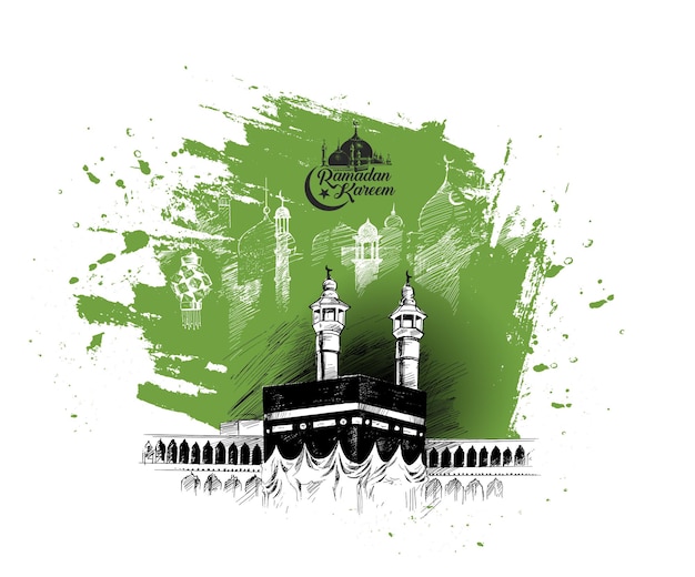 Holy Kaaba in Mecca Saudi Arabia Hand Drawn Sketch Vector illustration