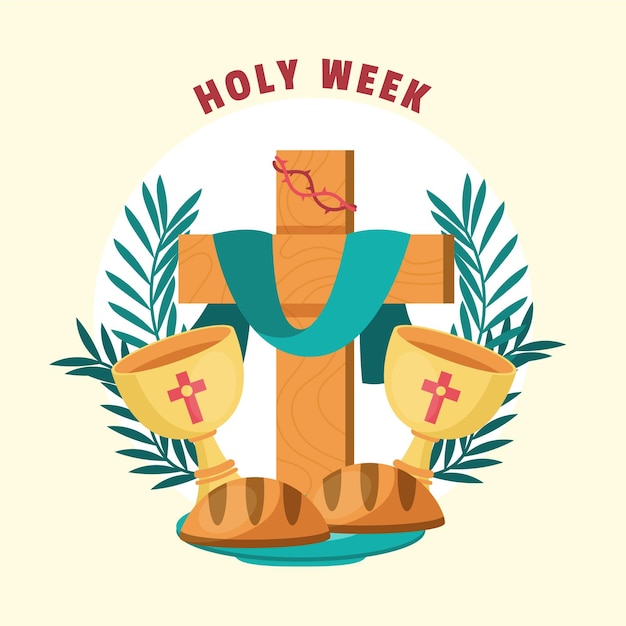 Holy week illustration with cross and wine