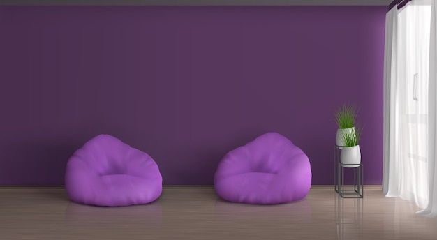 Home, apartment living room realistic vector violet, purple interior. Empty wall, two bean bag chairs on floor, plants in ceramic flowerpots on metallic stand, curtained with white tulle window