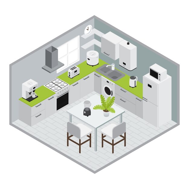 Home appliances isometrics kitchen composition in 3d design with walls and floor