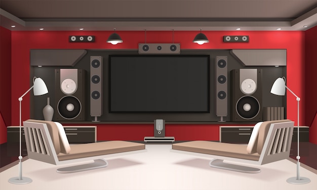 Free Vector home cinema interior with red walls