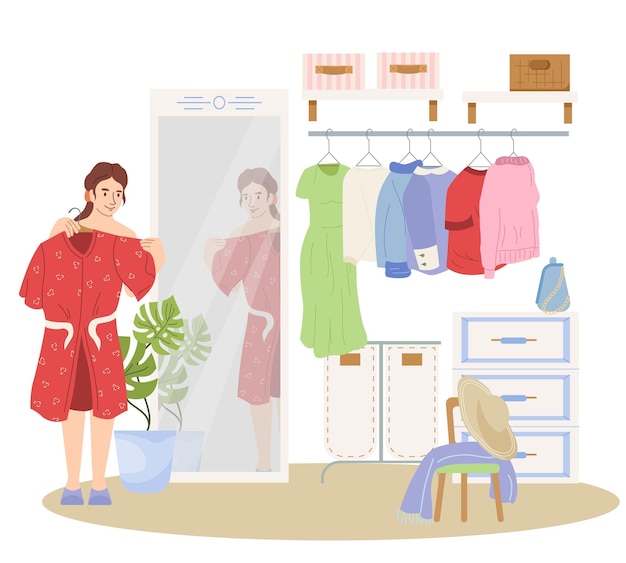 Free Vector home cloakroom flat composition with young girl trying on dress in front of mirror vector illustration