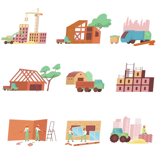 Free Vector home construction set with flat icons and isolated images of urban and country buildings with machinery vector illustration