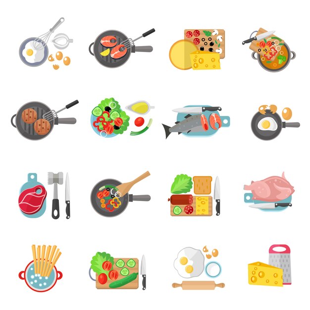 Home cooking healthy food flat pictograms collection of meat salads and fish dishes