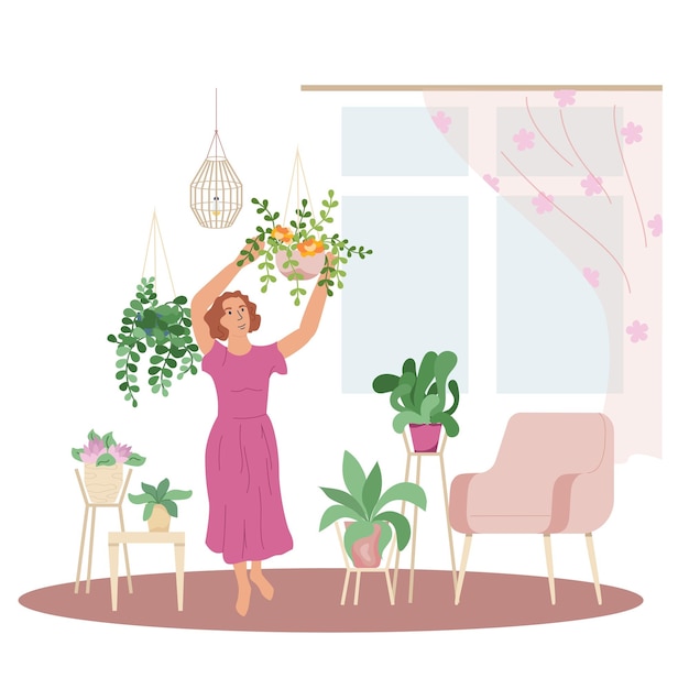 Free Vector home gardening flat composition with blank background and view of living room with woman hanging plants vector illustration