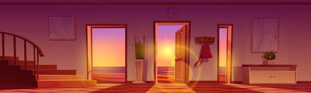 Home hallway with open door and view to sea beach at sunset Vector cartoon illustration of house or hotel hall interior with wooden stairs furniture and ocean outside