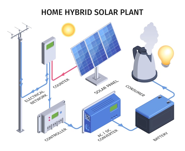 Free Vector home hybrid solar plant infographics with electrical network