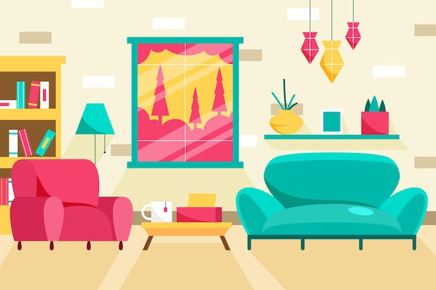 Free vector home interior background blue sofa and pink armchair