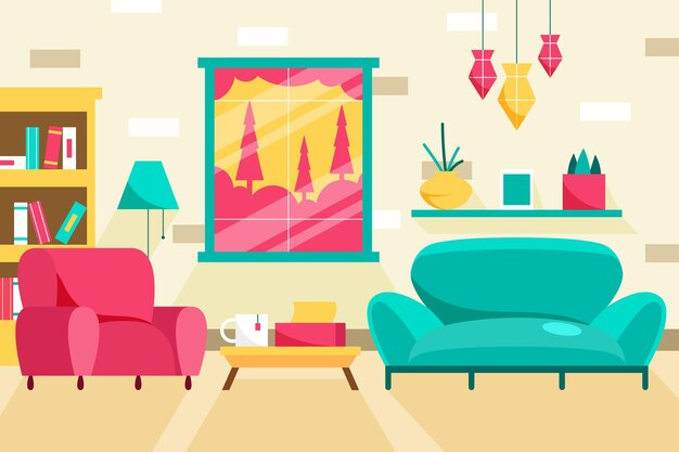 Home interior background blue sofa and pink armchair