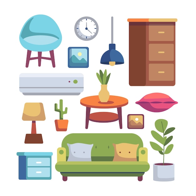 Free Vector home interior design elements furniture collection in cartoon style vector illustration