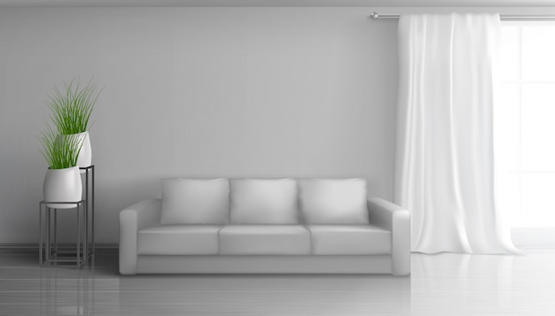 Free vector home living room, apartment hall realistic vector sunny interior in classic style with empty grey wall behind soft sofa, long white curtain on window rod, glossy laminate on floor illustration