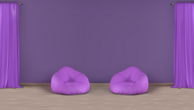 Home living room, lounge zone realistic vector minimalistic violet interior background with empty wall behind two bean bag chairs on laminated floor, window heavy curtains on metallic rods illustration