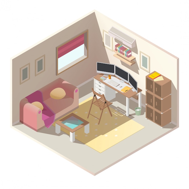 Home office in apartment isometric vector interior