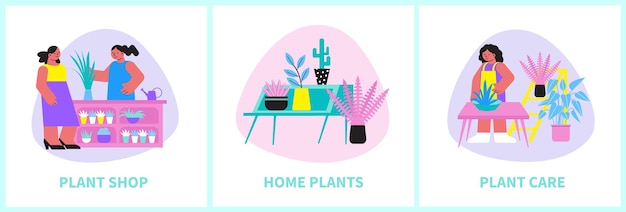 Free vector home plant set of three square compositions with flowers  people and editable text