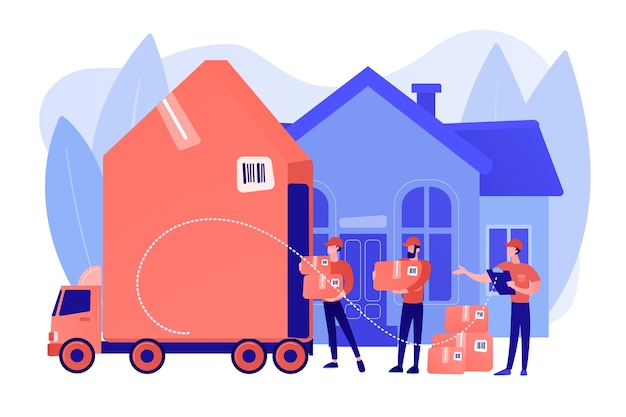 Free Vector home relocation, client boxes and cardboard containers in truck. moving house services, door-to-door removals, best movers service concept. pinkish coral bluevector isolated illustration