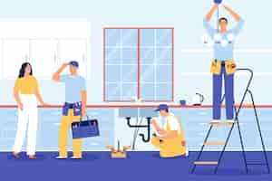 Free vector home renomation flat composition with plumber fixing pipes vector illustration