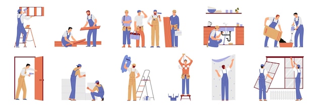 Free Vector home renovation flat icons set with handyman workers doing maintenance works isolated vector illustration