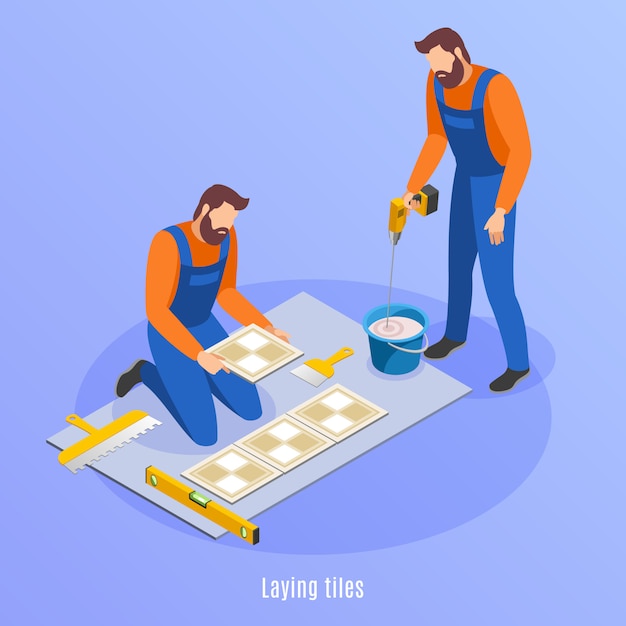 Free Vector home repair isometric background with two men in uniform preparing for laying tiles  illustration