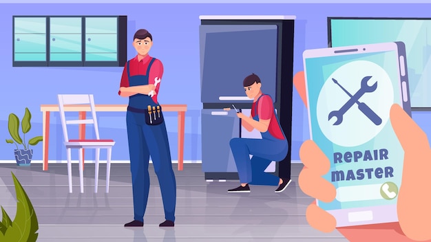 Free vector home repairmen workflow in the background and a large smartphone in the foreground flat illustration