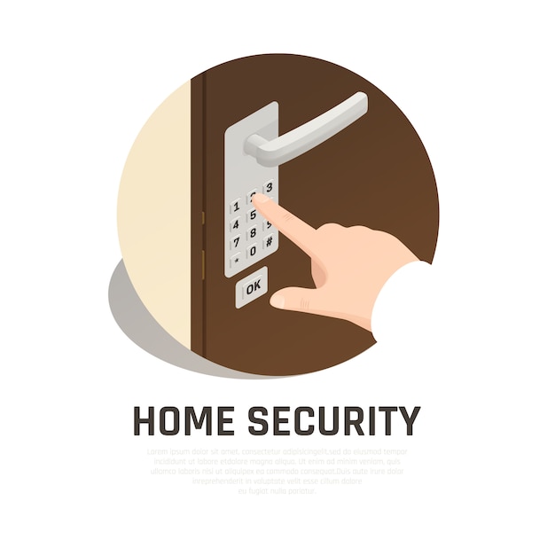 Home security round composition with human hand hand dialing lock code on front door 