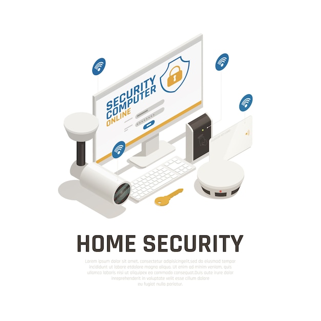 Home security template with video surveillance system and fire alarm working online by wifi service