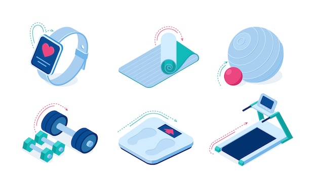 Home sport workout equipment and gadgets isometric vector icons.