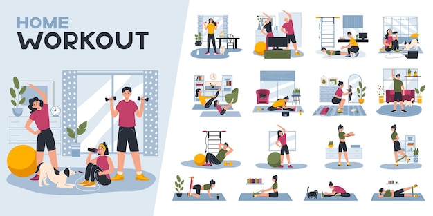 Free Vector home workout set of isolated compositions with flat icons of home and gym interiors with people vector illustration