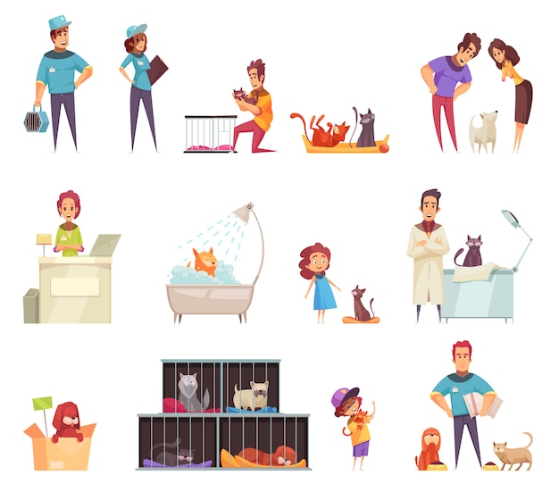 Homeless pets decorative icons set with people caring for animals at home in shelter and vet clinic isolated