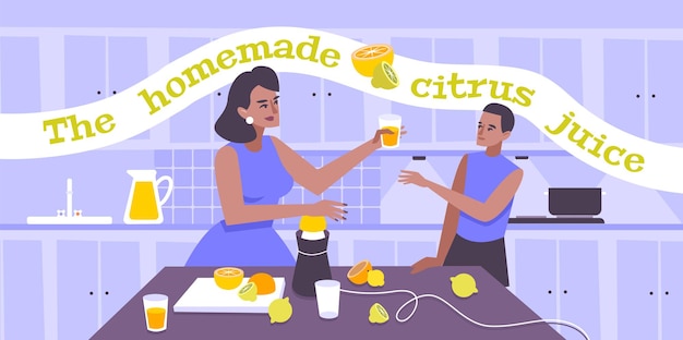 Free Vector homemade citrus juice flat illustration with woman serving glass of natural fresh juice to young man