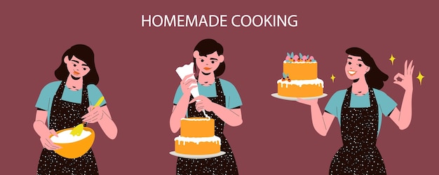 Free Vector homemade cooking design concept with happy women making cakes isolated on colour background flat vector illustration