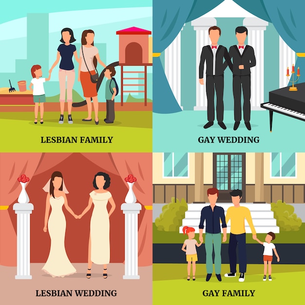    Homosexual family concept icons set with gay and lesbian wedding symbols flat isolated vector ill