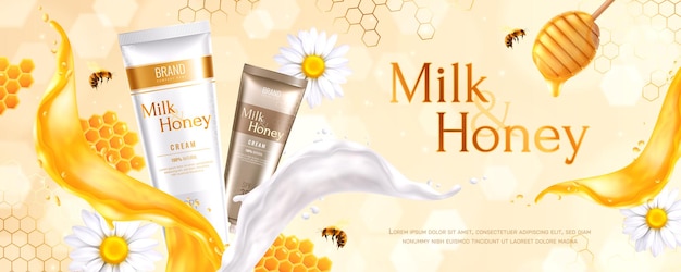 Honey cosmetics advertising banner with text and realistic images of cream tubes with comb and flowers