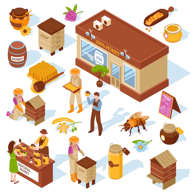 Free Vector honey farm isometric icons set