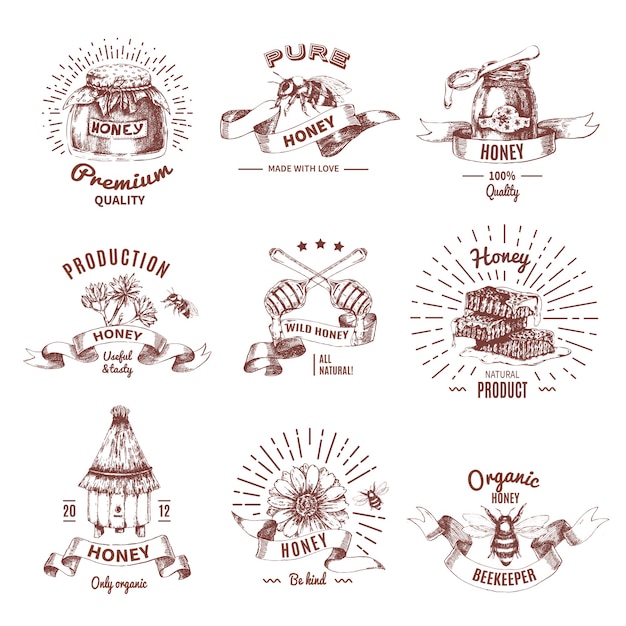 Free Vector honey hand drawn emblems